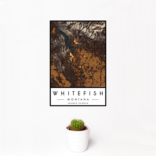 12x18 Whitefish Montana Map Print Portrait Orientation in Ember Style With Small Cactus Plant in White Planter