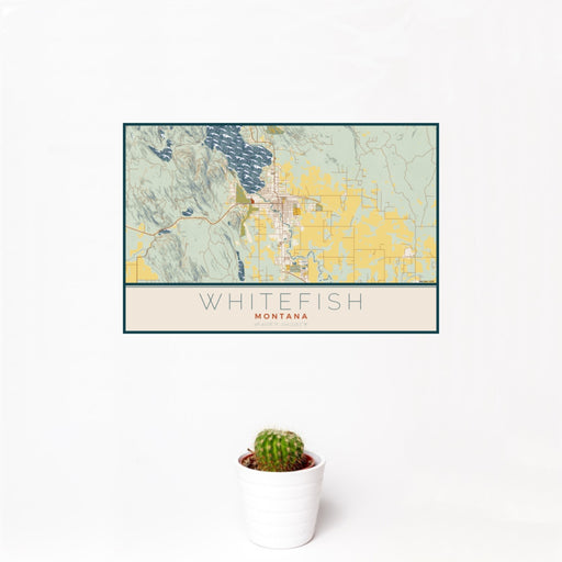 12x18 Whitefish Montana Map Print Landscape Orientation in Woodblock Style With Small Cactus Plant in White Planter