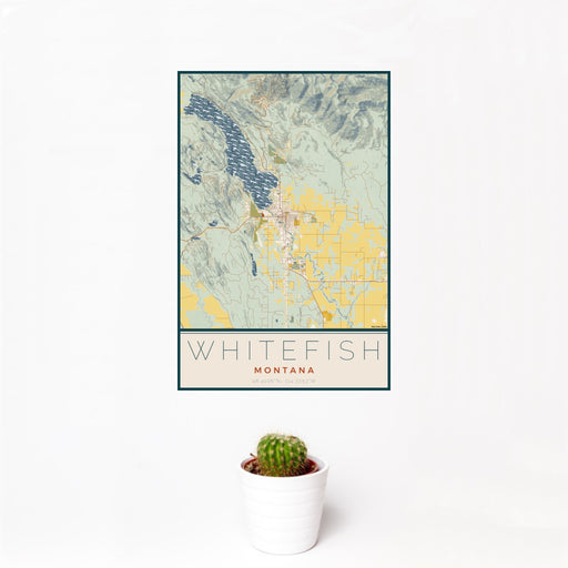 12x18 Whitefish Montana Map Print Portrait Orientation in Woodblock Style With Small Cactus Plant in White Planter