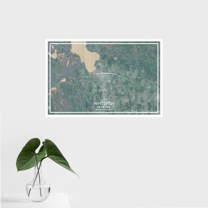 16x24 WHITEFISH Montana Map Print Landscape Orientation in Afternoon Style With Tropical Plant Leaves in Water