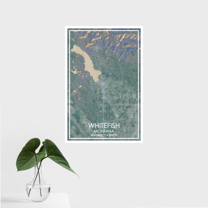 16x24 WHITEFISH Montana Map Print Portrait Orientation in Afternoon Style With Tropical Plant Leaves in Water
