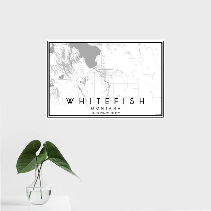 16x24 Whitefish Montana Map Print Landscape Orientation in Classic Style With Tropical Plant Leaves in Water