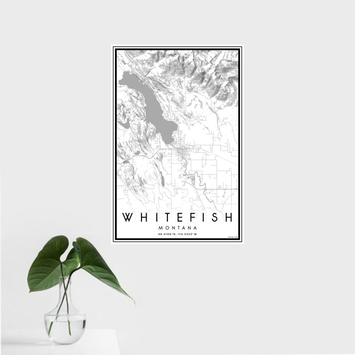 16x24 Whitefish Montana Map Print Portrait Orientation in Classic Style With Tropical Plant Leaves in Water