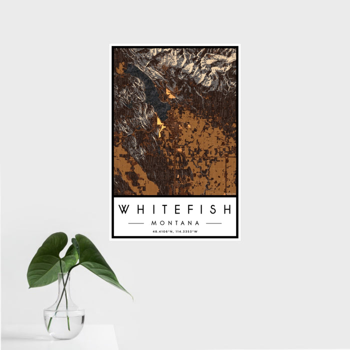 16x24 Whitefish Montana Map Print Portrait Orientation in Ember Style With Tropical Plant Leaves in Water