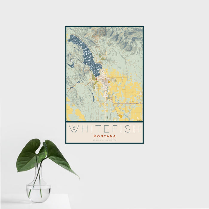 16x24 Whitefish Montana Map Print Portrait Orientation in Woodblock Style With Tropical Plant Leaves in Water