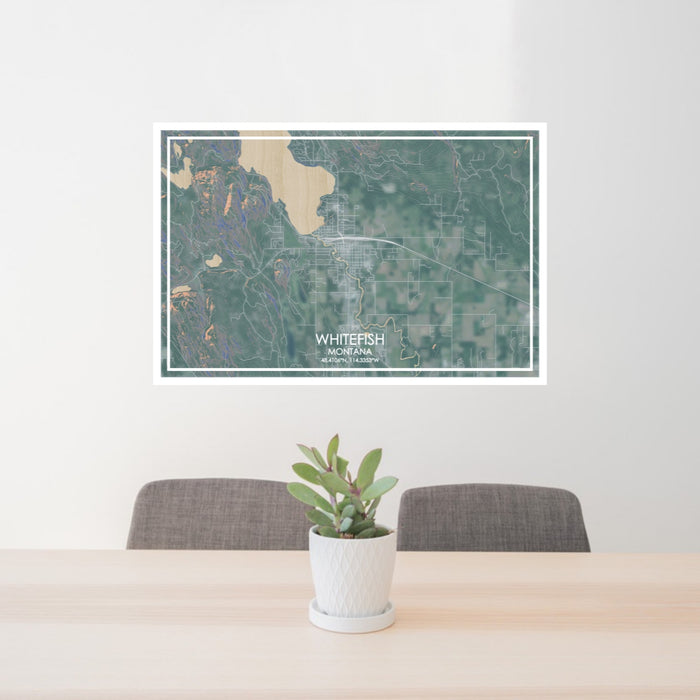 24x36 WHITEFISH Montana Map Print Lanscape Orientation in Afternoon Style Behind 2 Chairs Table and Potted Plant