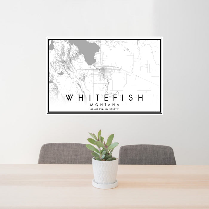 24x36 Whitefish Montana Map Print Lanscape Orientation in Classic Style Behind 2 Chairs Table and Potted Plant