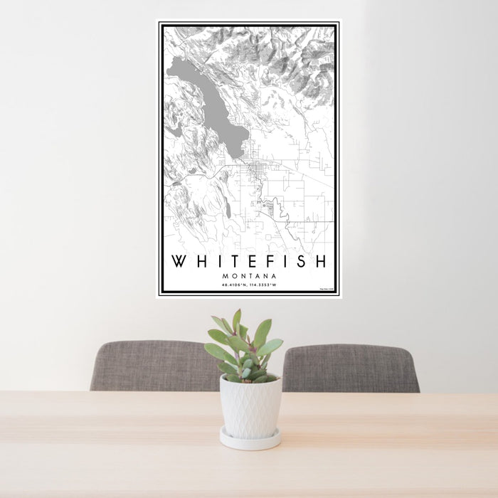 24x36 Whitefish Montana Map Print Portrait Orientation in Classic Style Behind 2 Chairs Table and Potted Plant
