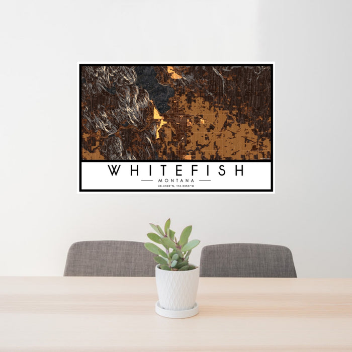 24x36 Whitefish Montana Map Print Lanscape Orientation in Ember Style Behind 2 Chairs Table and Potted Plant