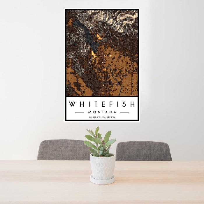 24x36 Whitefish Montana Map Print Portrait Orientation in Ember Style Behind 2 Chairs Table and Potted Plant