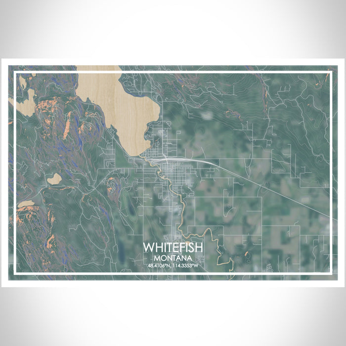 WHITEFISH Montana Map Print Landscape Orientation in Afternoon Style With Shaded Background