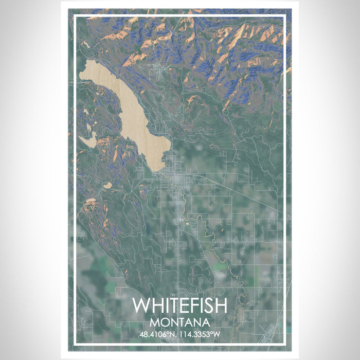 WHITEFISH Montana Map Print Portrait Orientation in Afternoon Style With Shaded Background