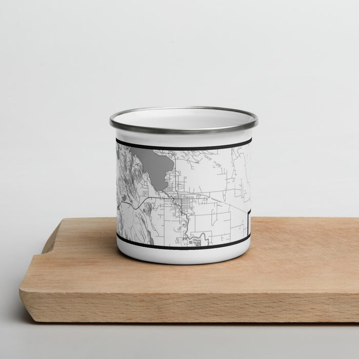 Front View Custom Whitefish Montana Map Enamel Mug in Classic on Cutting Board