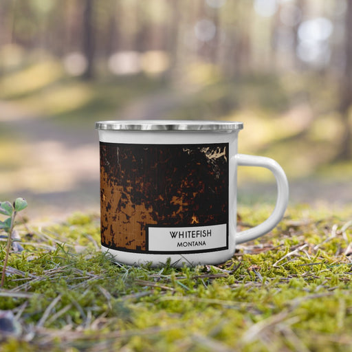 Right View Custom Whitefish Montana Map Enamel Mug in Ember on Grass With Trees in Background
