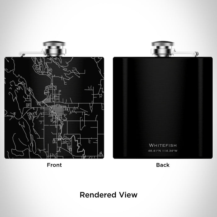 Rendered View of Whitefish Montana Map Engraving on 6oz Stainless Steel Flask in Black