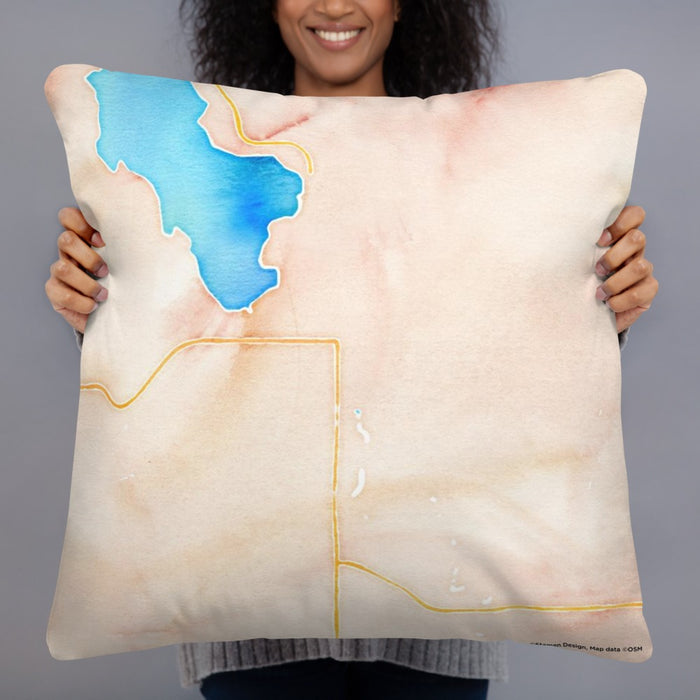 Person holding 22x22 Custom Whitefish Montana Map Throw Pillow in Watercolor