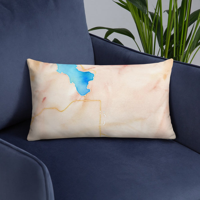 Custom Whitefish Montana Map Throw Pillow in Watercolor on Blue Colored Chair