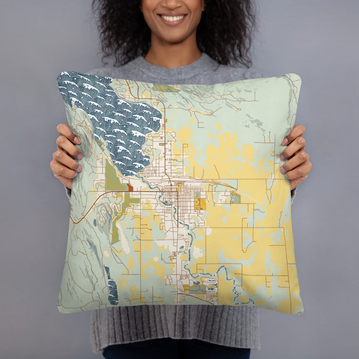 Person holding 18x18 Custom Whitefish Montana Map Throw Pillow in Woodblock