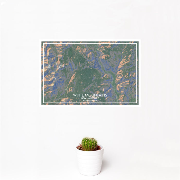 12x18 White Mountains New Hampshire Map Print Landscape Orientation in Afternoon Style With Small Cactus Plant in White Planter