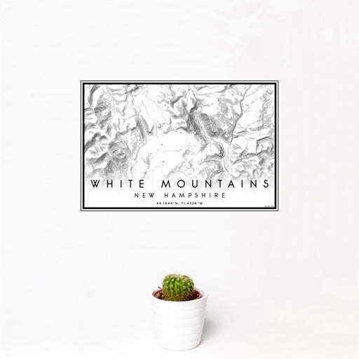 12x18 White Mountains New Hampshire Map Print Landscape Orientation in Classic Style With Small Cactus Plant in White Planter