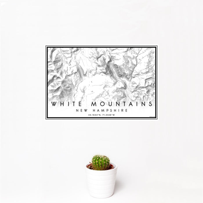 12x18 White Mountains New Hampshire Map Print Landscape Orientation in Classic Style With Small Cactus Plant in White Planter