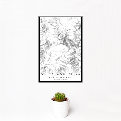 12x18 White Mountains New Hampshire Map Print Portrait Orientation in Classic Style With Small Cactus Plant in White Planter