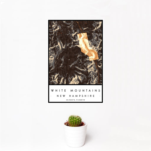 12x18 White Mountains New Hampshire Map Print Portrait Orientation in Ember Style With Small Cactus Plant in White Planter