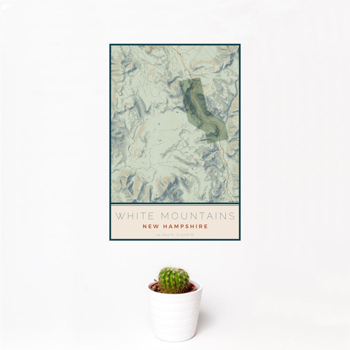 12x18 White Mountains New Hampshire Map Print Portrait Orientation in Woodblock Style With Small Cactus Plant in White Planter