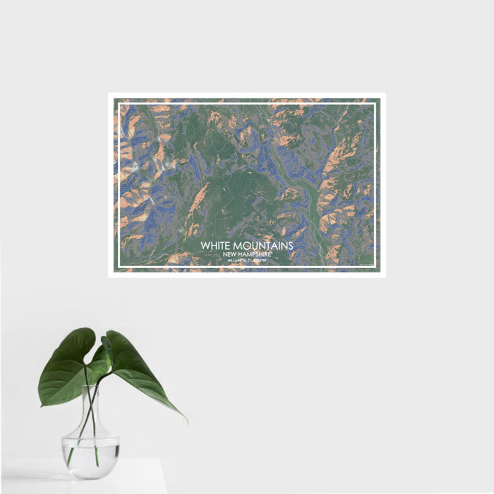 16x24 White Mountains New Hampshire Map Print Landscape Orientation in Afternoon Style With Tropical Plant Leaves in Water