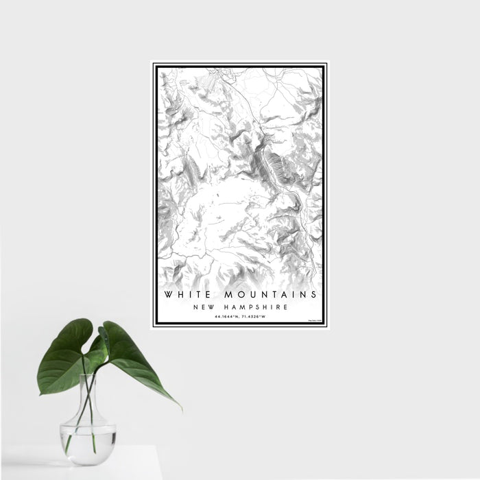 16x24 White Mountains New Hampshire Map Print Portrait Orientation in Classic Style With Tropical Plant Leaves in Water