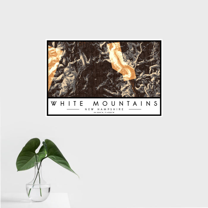 16x24 White Mountains New Hampshire Map Print Landscape Orientation in Ember Style With Tropical Plant Leaves in Water