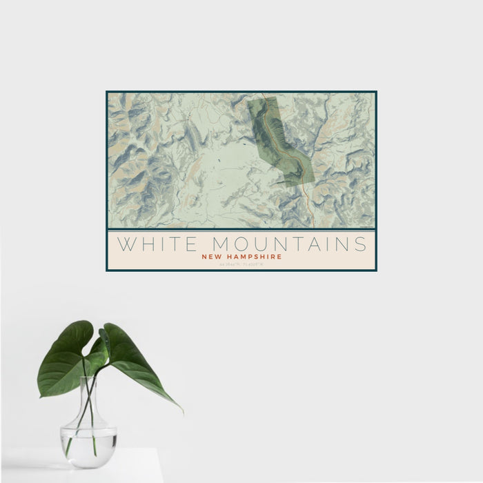 16x24 White Mountains New Hampshire Map Print Landscape Orientation in Woodblock Style With Tropical Plant Leaves in Water