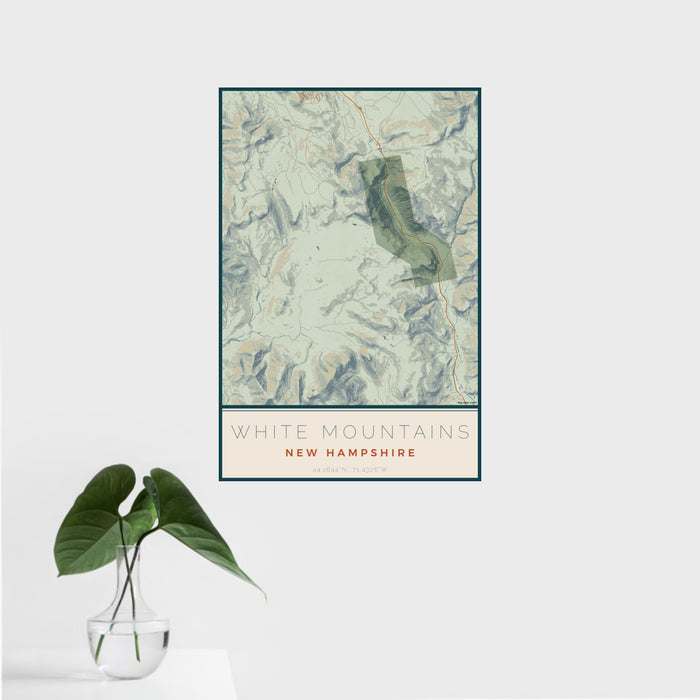 16x24 White Mountains New Hampshire Map Print Portrait Orientation in Woodblock Style With Tropical Plant Leaves in Water