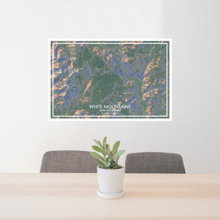 24x36 White Mountains New Hampshire Map Print Lanscape Orientation in Afternoon Style Behind 2 Chairs Table and Potted Plant