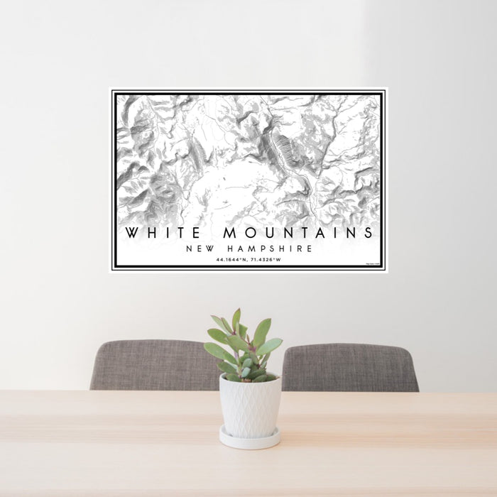 24x36 White Mountains New Hampshire Map Print Lanscape Orientation in Classic Style Behind 2 Chairs Table and Potted Plant