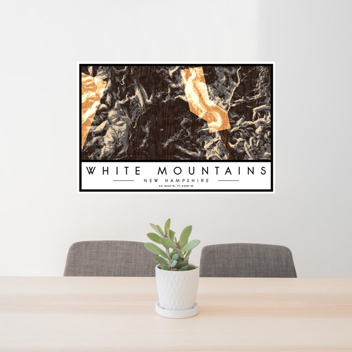 24x36 White Mountains New Hampshire Map Print Lanscape Orientation in Ember Style Behind 2 Chairs Table and Potted Plant