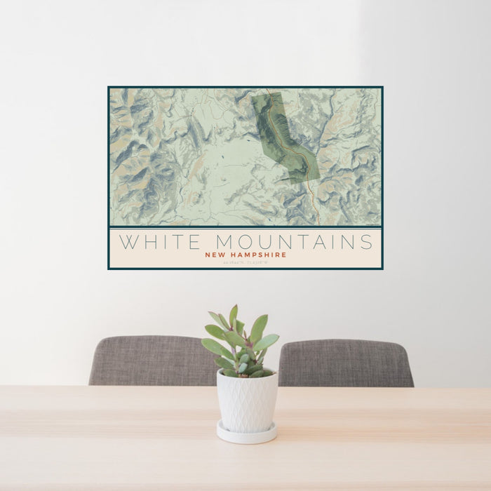 24x36 White Mountains New Hampshire Map Print Lanscape Orientation in Woodblock Style Behind 2 Chairs Table and Potted Plant