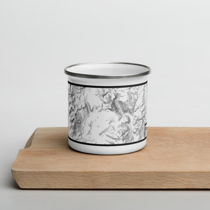 Front View Custom White Mountains New Hampshire Map Enamel Mug in Classic on Cutting Board