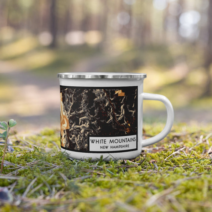 Right View Custom White Mountains New Hampshire Map Enamel Mug in Ember on Grass With Trees in Background