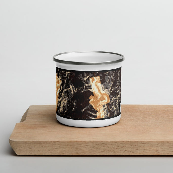 Front View Custom White Mountains New Hampshire Map Enamel Mug in Ember on Cutting Board