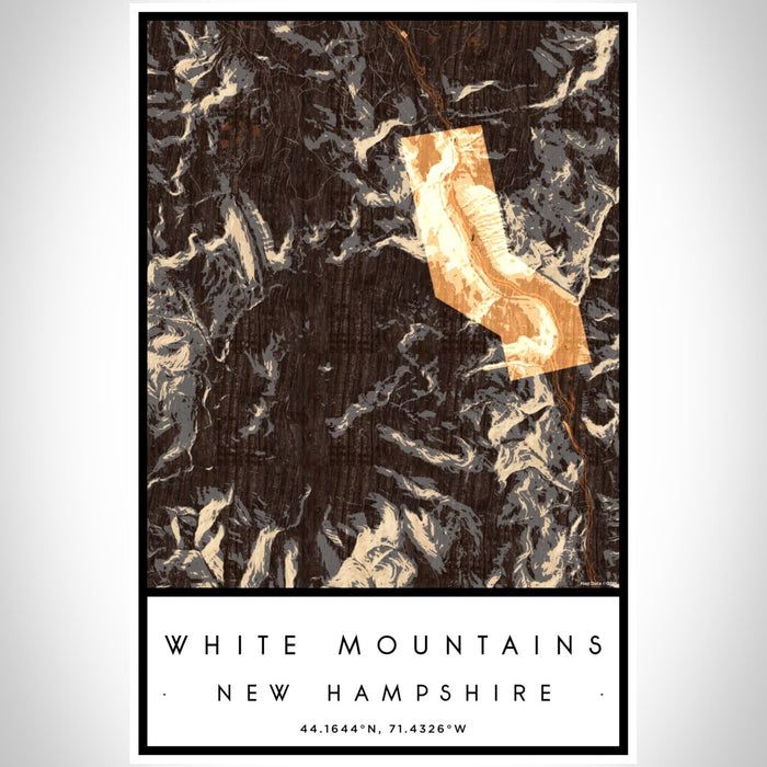 White Mountains New Hampshire Map Print Portrait Orientation in Ember Style With Shaded Background