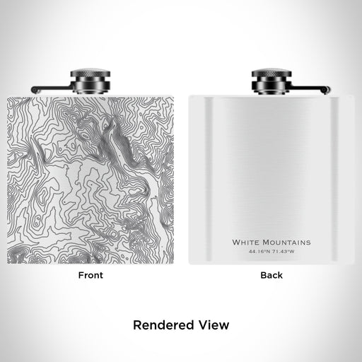 Rendered View of White Mountains New Hampshire Map Engraving on 6oz Stainless Steel Flask in White