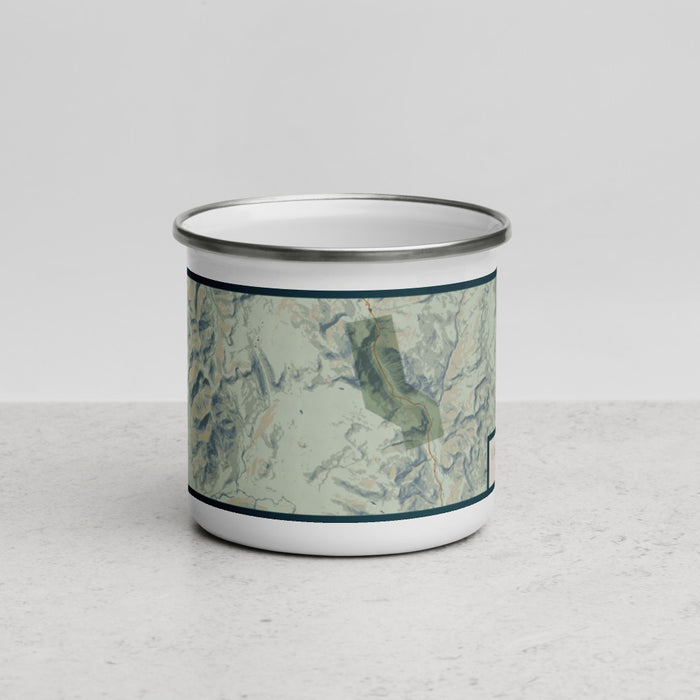 Front View Custom White Mountains New Hampshire Map Enamel Mug in Woodblock