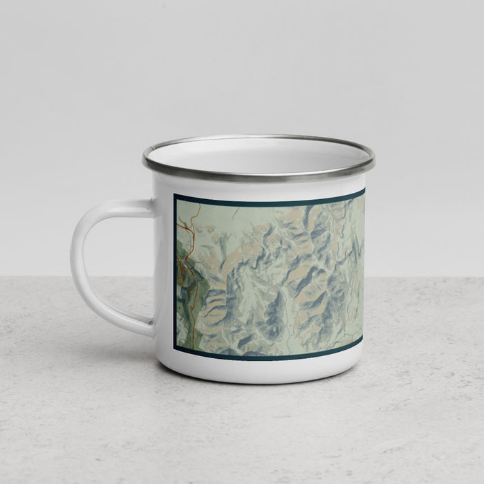 Left View Custom White Mountains New Hampshire Map Enamel Mug in Woodblock