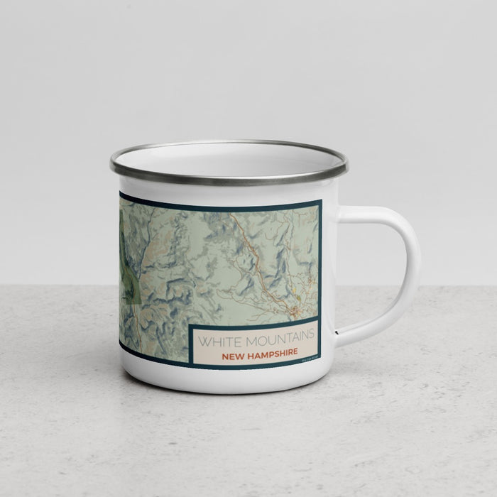 Right View Custom White Mountains New Hampshire Map Enamel Mug in Woodblock