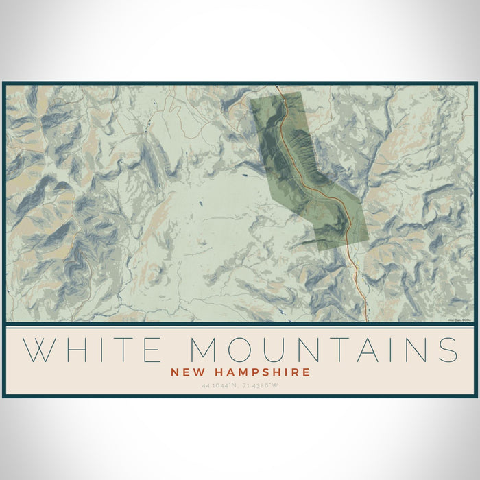 White Mountains New Hampshire Map Print Landscape Orientation in Woodblock Style With Shaded Background