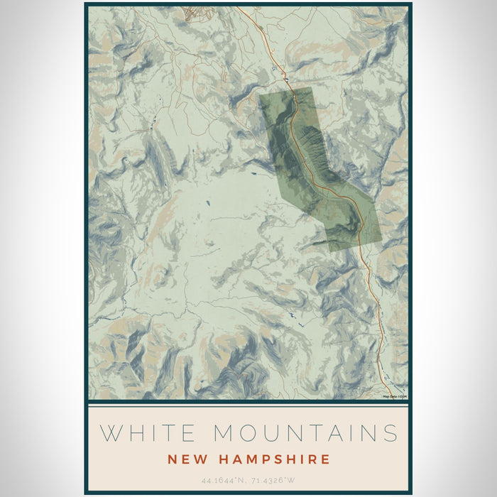 White Mountains New Hampshire Map Print Portrait Orientation in Woodblock Style With Shaded Background