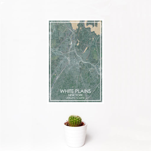 12x18 White Plains New York Map Print Portrait Orientation in Afternoon Style With Small Cactus Plant in White Planter