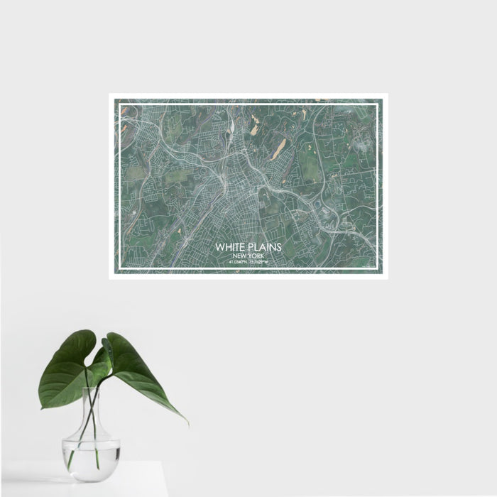 16x24 White Plains New York Map Print Landscape Orientation in Afternoon Style With Tropical Plant Leaves in Water