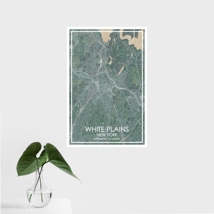 16x24 White Plains New York Map Print Portrait Orientation in Afternoon Style With Tropical Plant Leaves in Water